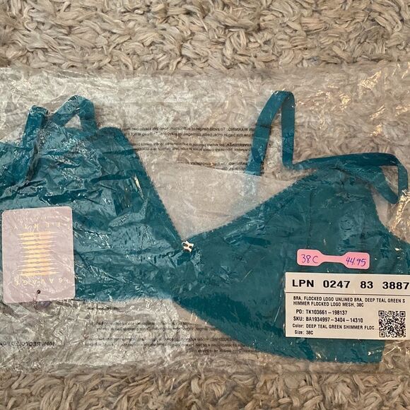 Savage X Fenty Shimmer Flocked Logo Unlined Bra Deep Teal Green 38C - Picture 4 of 5
